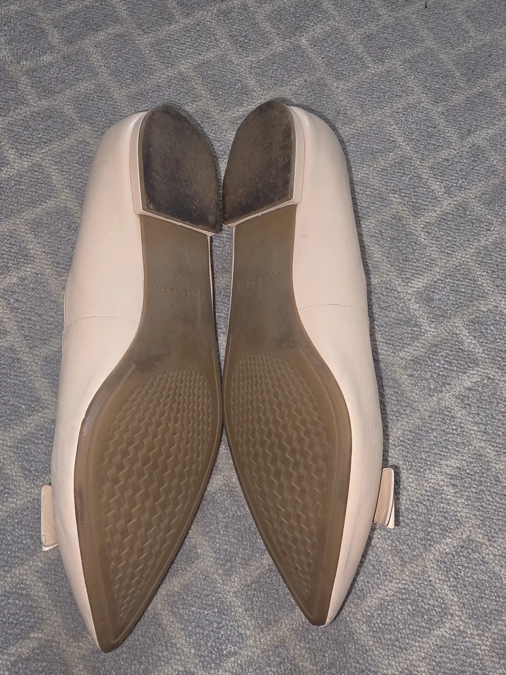 Cole Haan Beige Pointed-Toe Ballet Flats with Bow & Gold Plaque